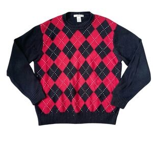 Geoffrey Beene Men’s Red & Black Argyle Crewneck Sweater Medium
